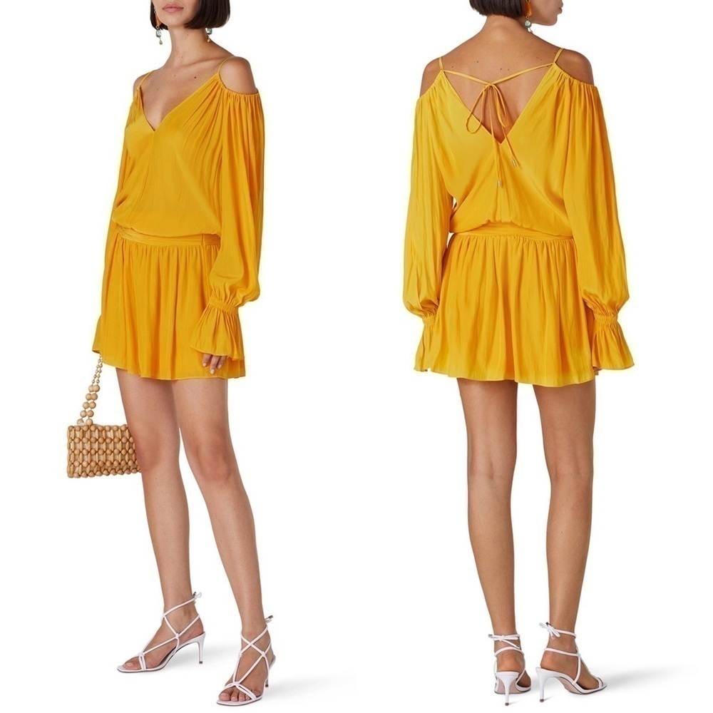 Ramy Brook Off Shoulder Long Puff Sleeves V-Neck Smocked Waist Mini Dress 0